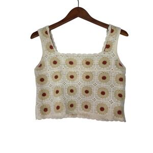 Rebellion‎ Crochet Square Neck Floral Crop Tank Top Women's